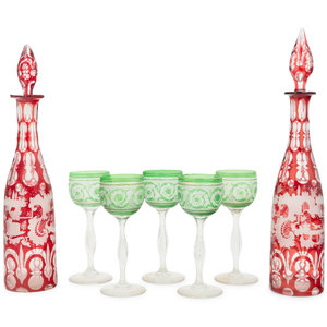 Appraisal: A Pair of Bohemian Glass Decanters with Five Associated Goblets