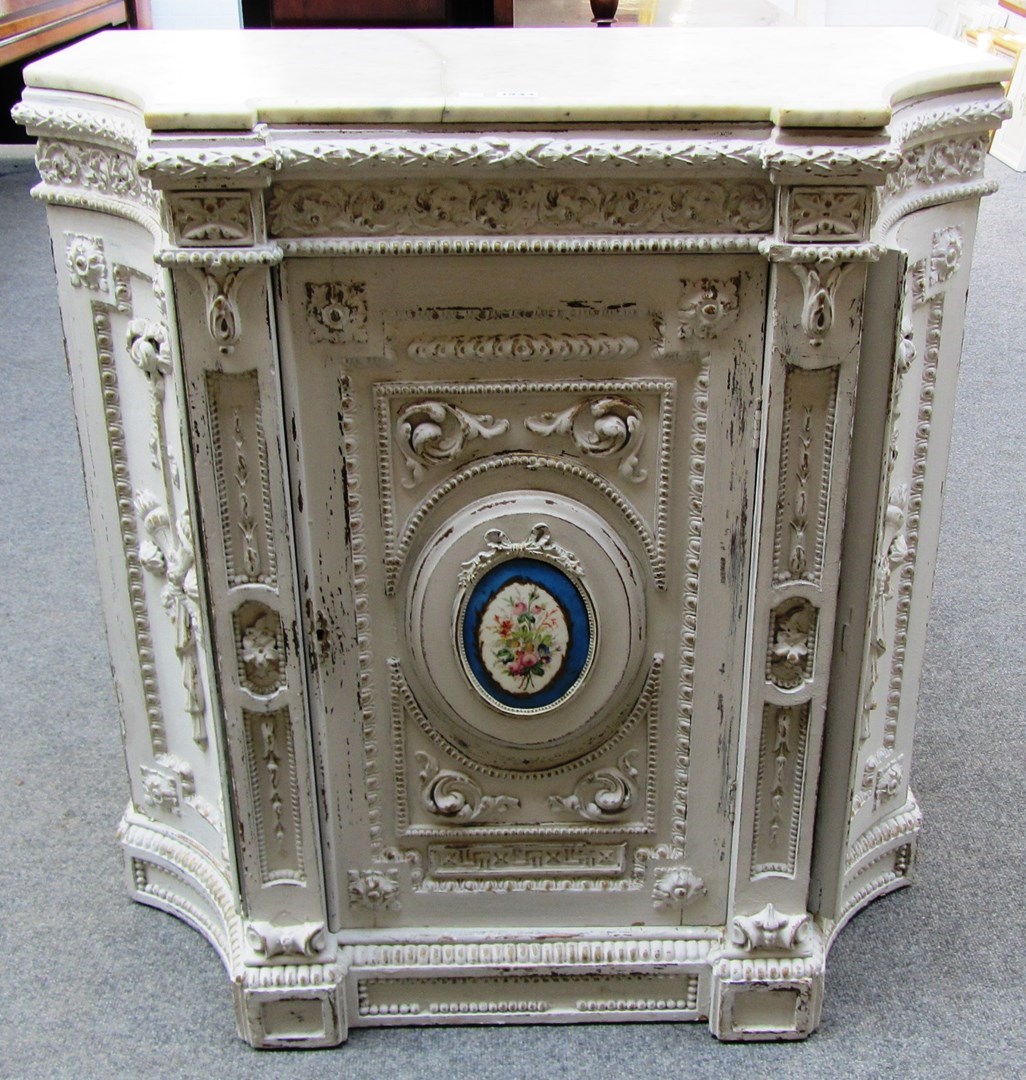 Appraisal: A Neo-Classical Revival marble top side cabinet the grey painted