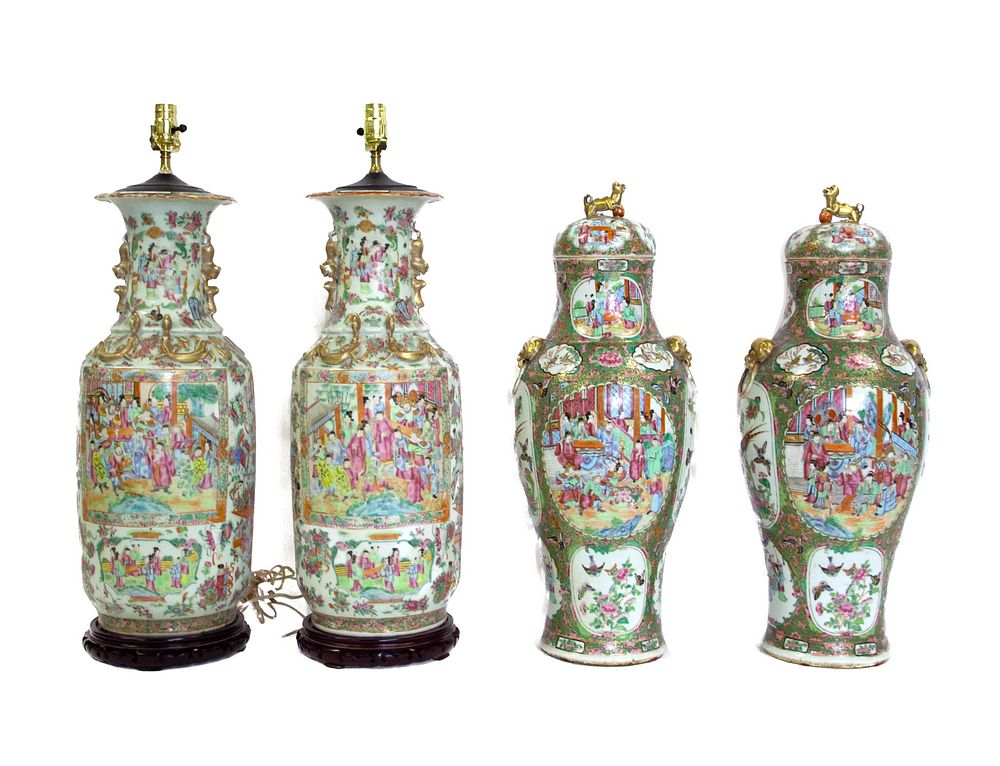 Appraisal: Two Pairs of Chinese Rose Medallion Vases One pair mounted