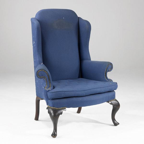 Appraisal: ENGLISH QUEEN ANNE WING CHAIR With blue upholstery and mahogany