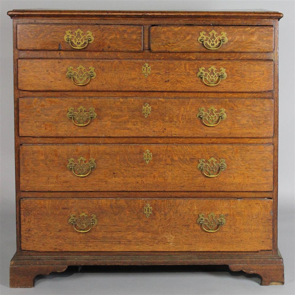 Appraisal: GEORGIAN QUARTER SAWN OAK CHEST OF DRAWERS having a rectangular