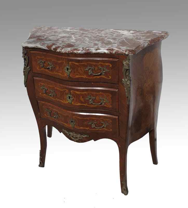 Appraisal: FRENCH MARBLE TOP INLAID THREE DRAWER STAND Marble top over