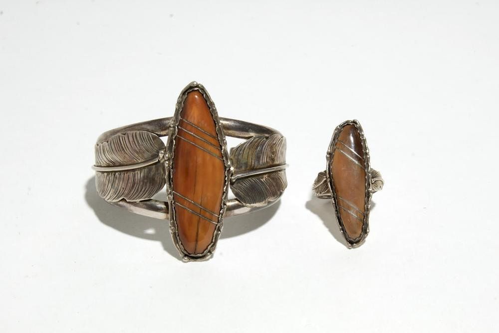 Appraisal: Navajo Silver Spiny Oyster Bracelet Ring Set Native American Navajo