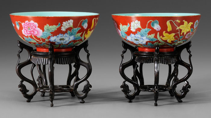 Appraisal: Pair Coral-Ground Porcelain Bowls Chinese early to mid th century