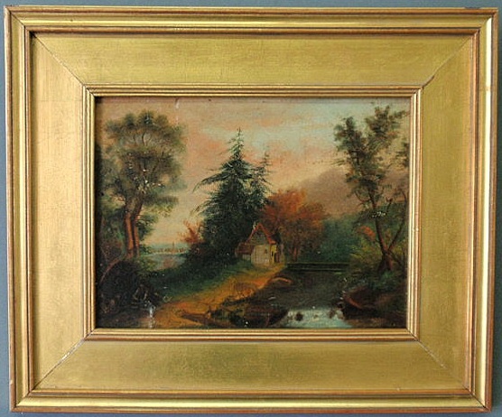 Appraisal: Oil on board landscape painting with a house on a