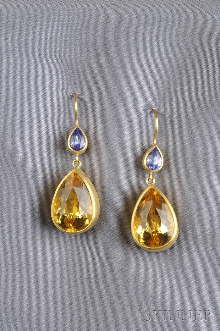 Appraisal: kt and kt Gold Citrine and Sapphire Earpendants each bezel-set