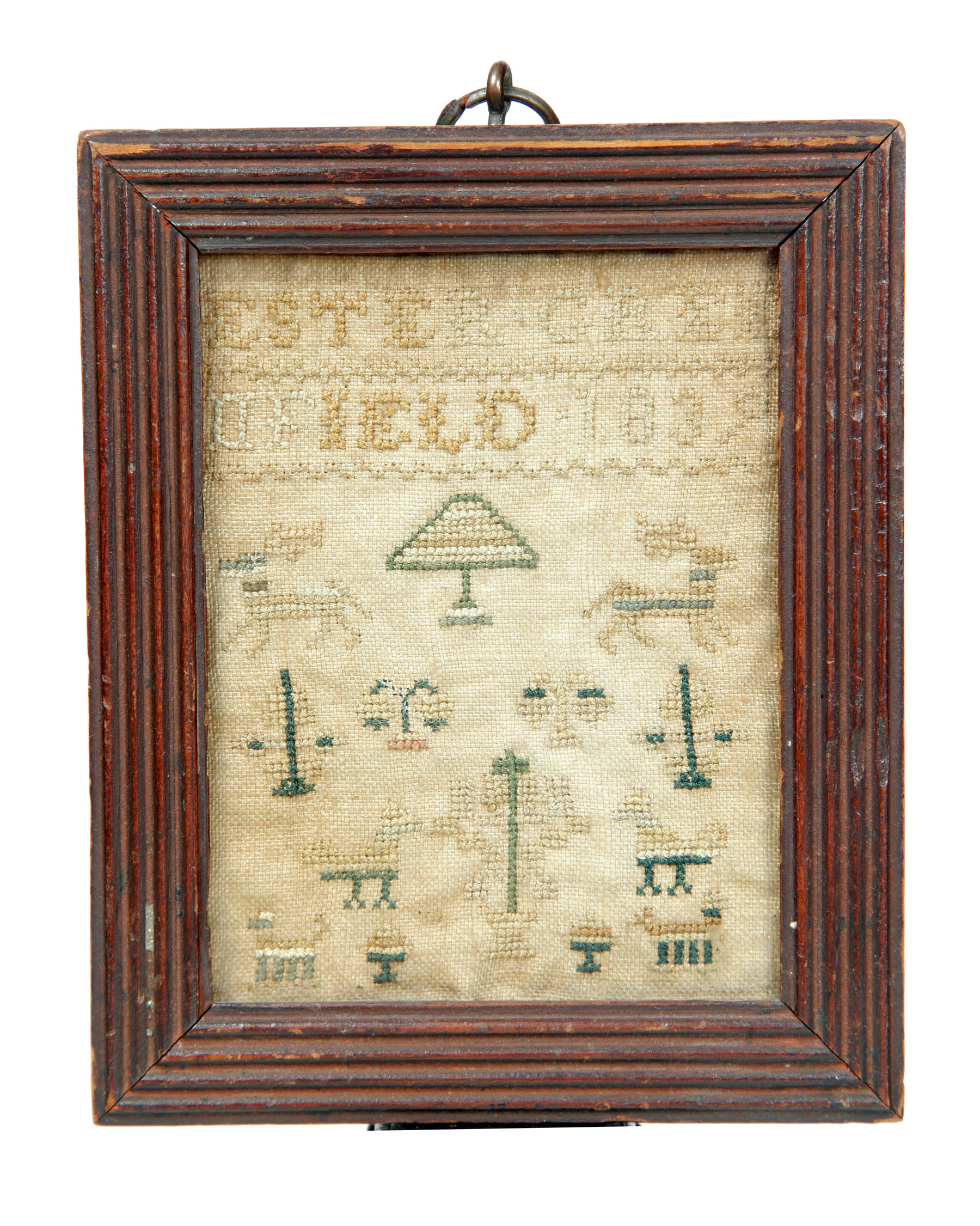 Appraisal: MINIATURE SAMPLER American or English silk on linen Paired motifs