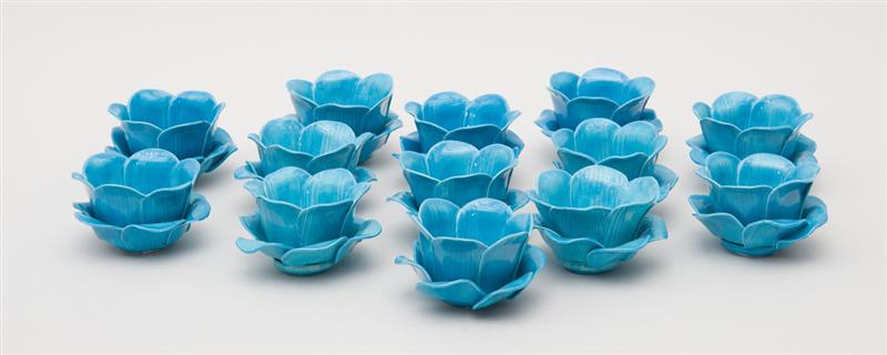 Appraisal: SIX TURQUOISE GLAZED PETAL-FORM CERAMIC BOWLS in Property of Estate