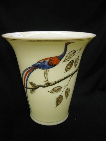 Appraisal: Deco Enameled Custard Glass Vase peacock decor