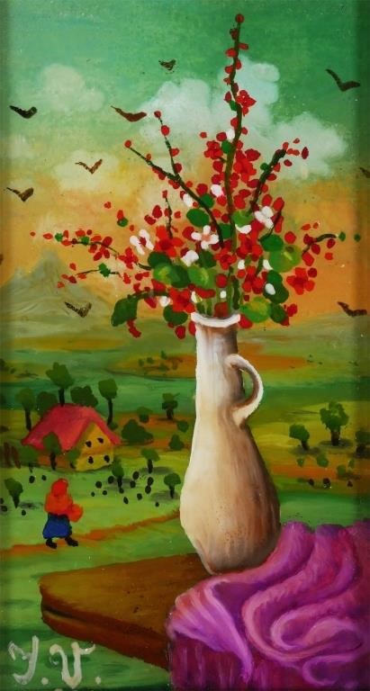 Appraisal: Reverse painting on glass of flowers with landscape background by