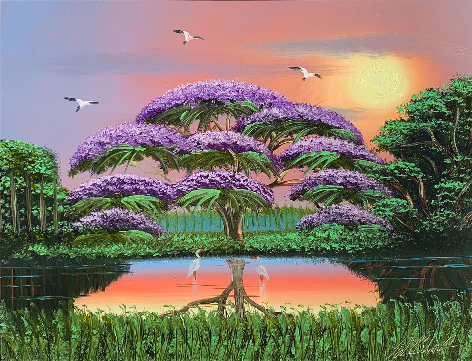 Appraisal: BLACK Al American b Lagoon Scene with Jacaranda at Sunset