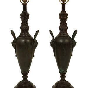 Appraisal: A Pair of French Empire Style Bronze Urns now Mounted