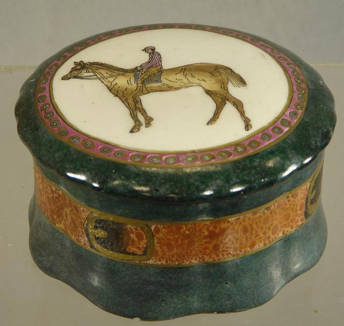 Appraisal: Porcelain dresser box with incised horse and rider decoration d