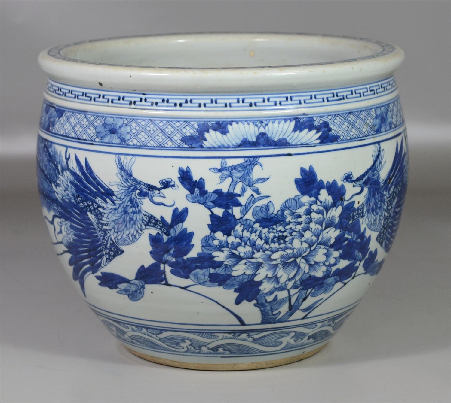 Appraisal: Chinese Export Blue and White porcelain cache pot with exotic