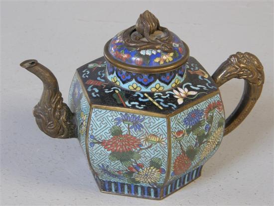 Appraisal: Chinese cloisonne teapot th century of hexagonal section decorated with