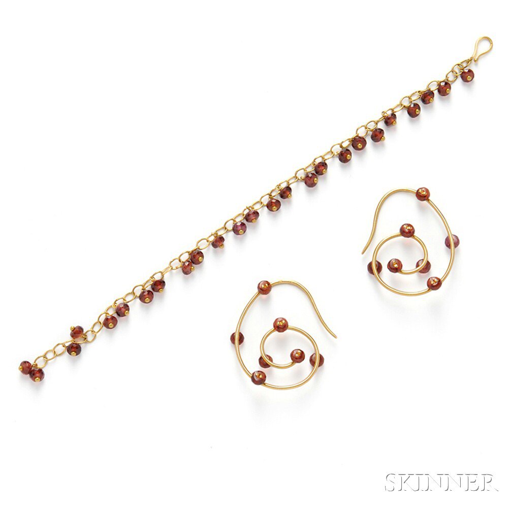 Appraisal: kt Gold and Garnet Earpendants and Bracelet Adelline each with