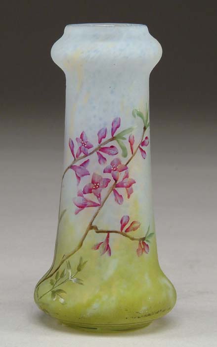 Appraisal: DAUM CAMEO ENAMEL VASE Very attractive candlestick vase is decorated