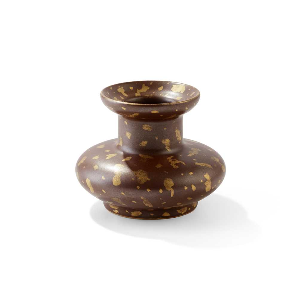 Appraisal: SMALL SIMULATED BRONZE GOLD-SPLASHED VASE QIANLONG MARK of compressed globular