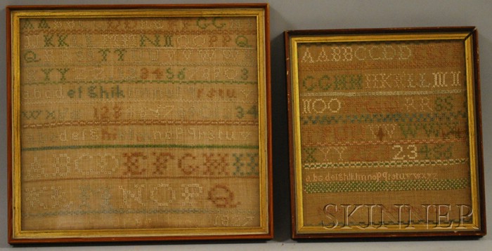 Appraisal: Two Framed Small Needlework Samplers dated and Mary sight size