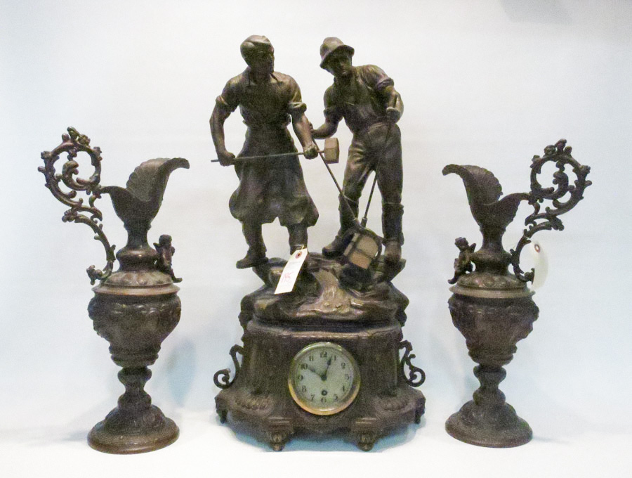 Appraisal: THREE PIECE SPELTER CLOCK SET statue type with two workers