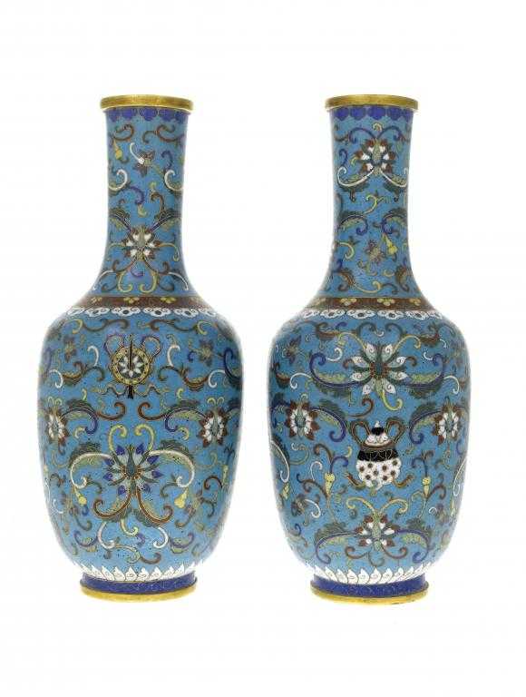 Appraisal: A PAIR OF CHINESE CLOISONN ENAMEL VASES of shouldered form