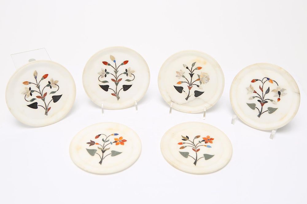 Appraisal: White Marble Pietra Dura Coasters Vintage Vintage white marble and