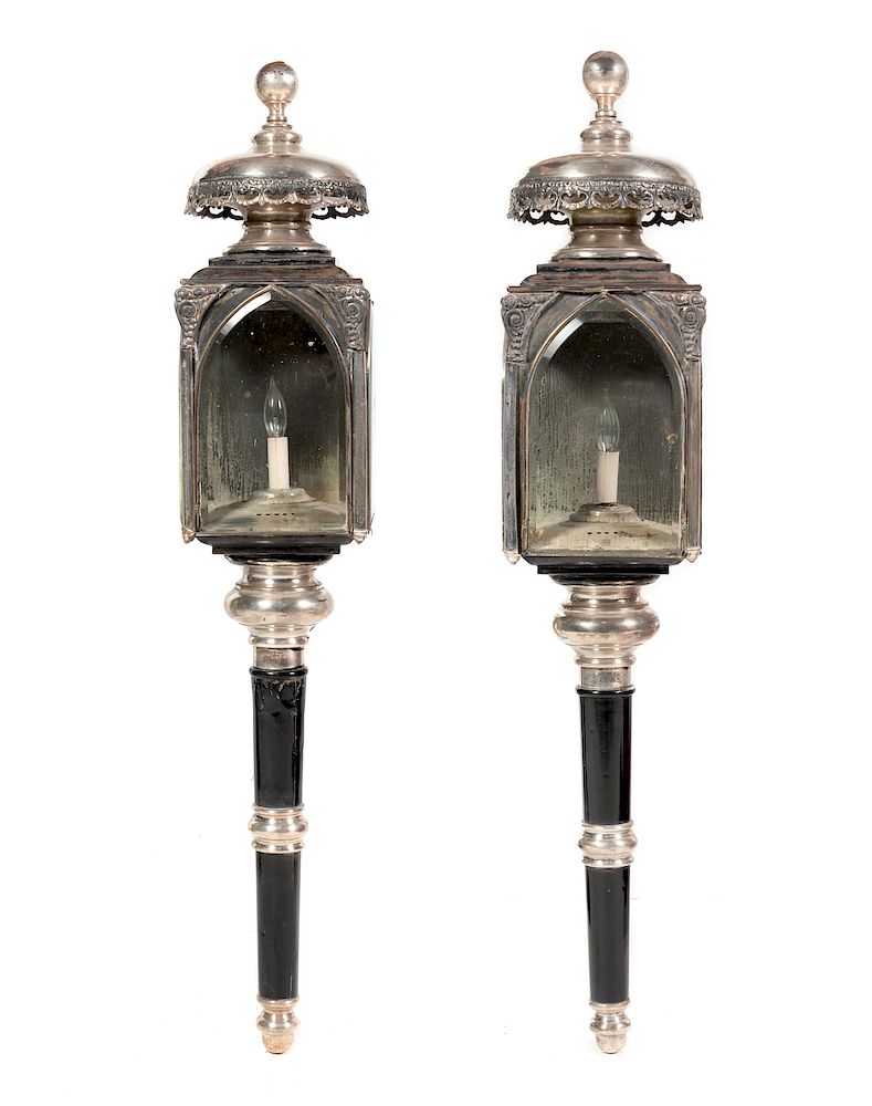 Appraisal: A Pair of Black-Painted and Silvered Metal Mounted Lanterns A