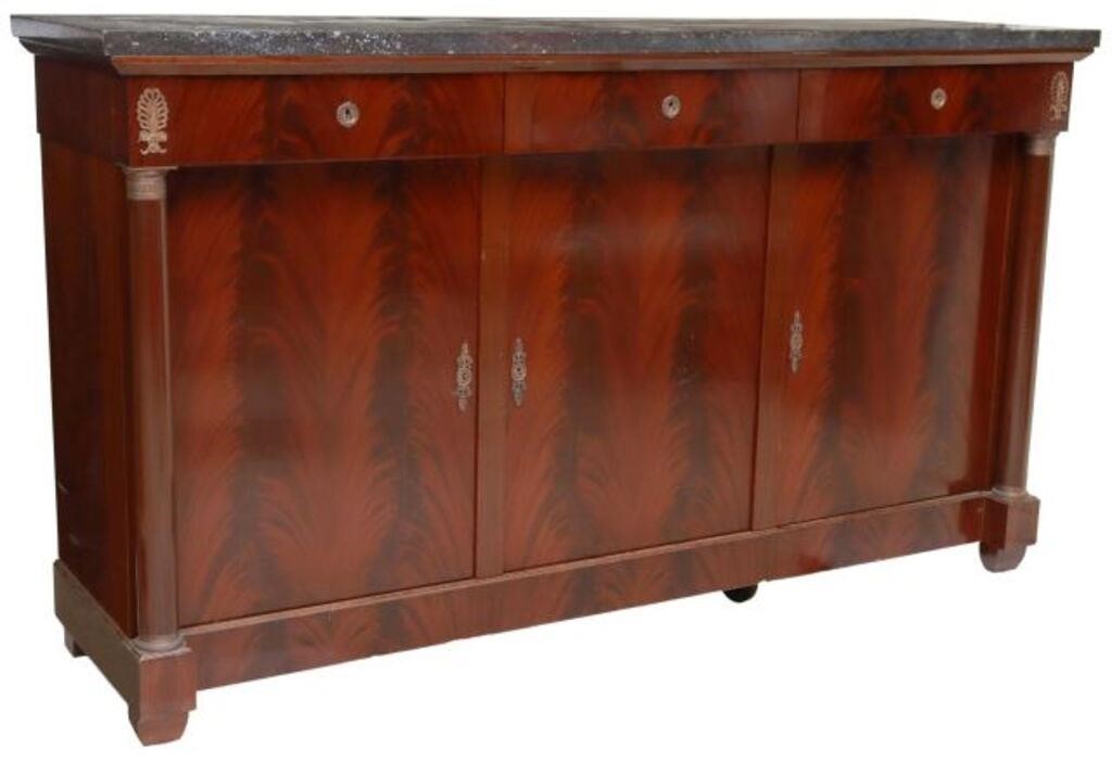 Appraisal: French Empire style marble-top mahogany sideboard th c three frieze