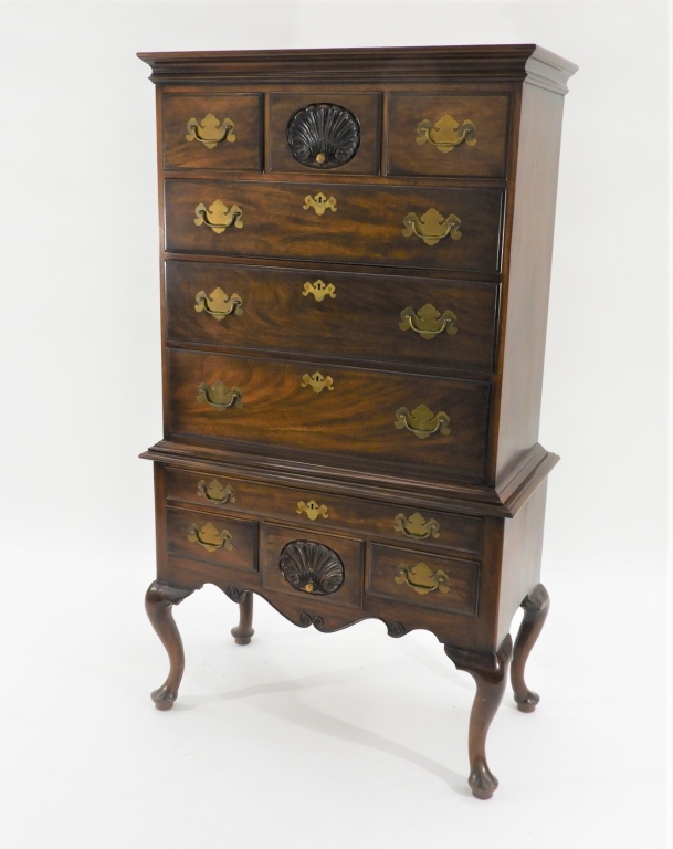 Appraisal: HENKEL HARRIS FIGURED MAHOGANY SHELL HIGHBOY Virginia Circa Queen Anne