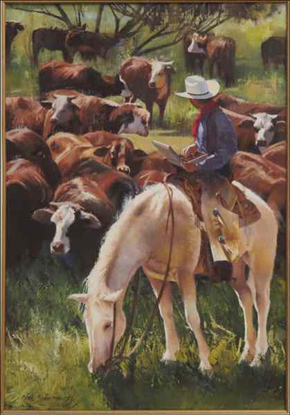 Appraisal: OLEG STAVROWSKY AMERICAN B LAP TOP COWBOY Oil on canvas