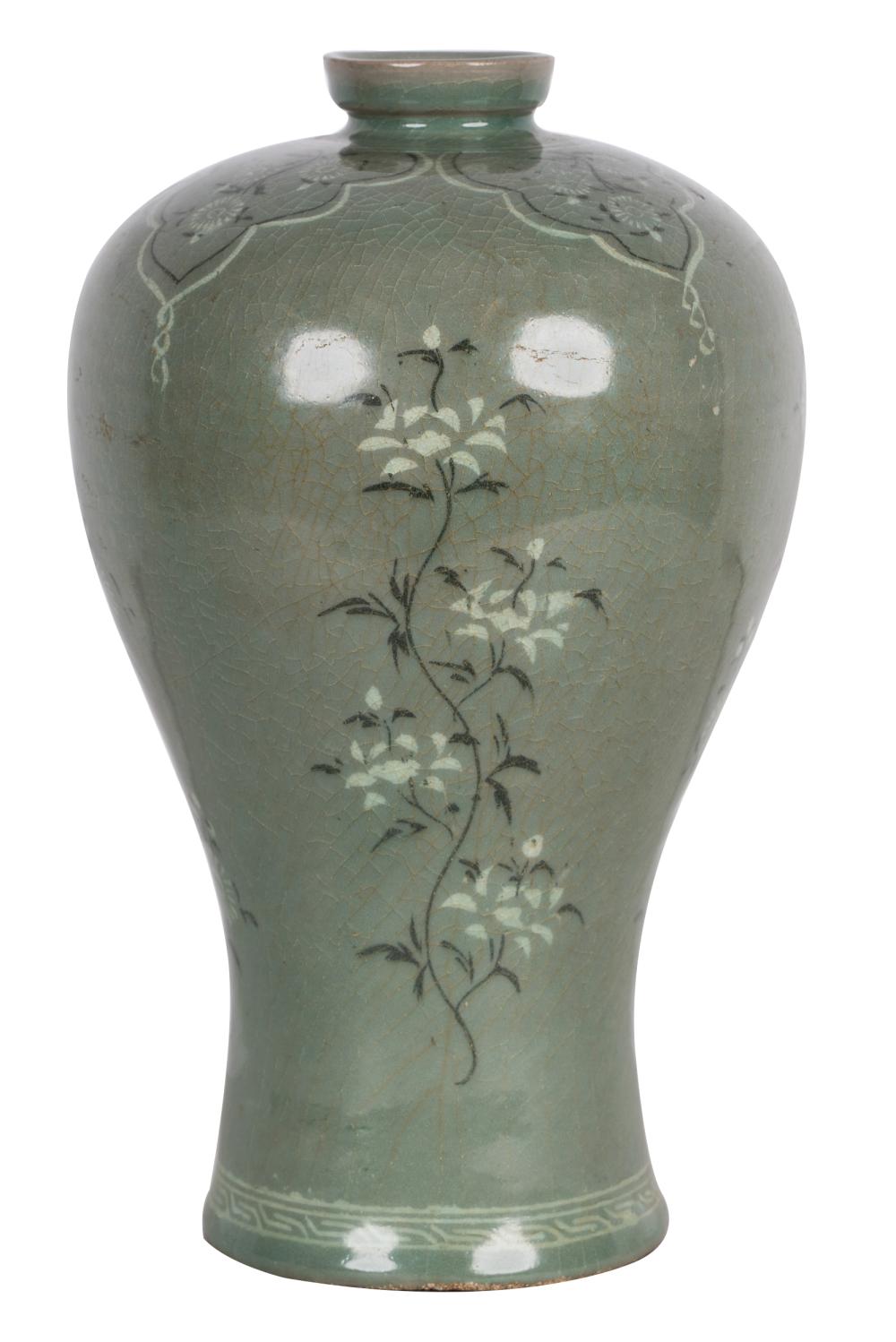 Appraisal: KOREAN CELADON-GLAZED PORCELAIN VASEwith floral decorations inches high Condition