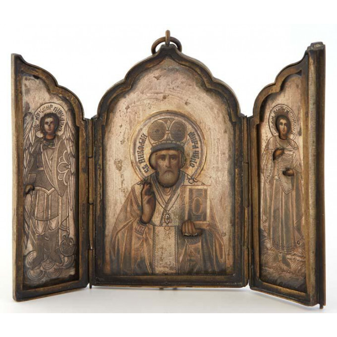 Appraisal: Russian Brass and Silver Icon Triptych th c of Saint