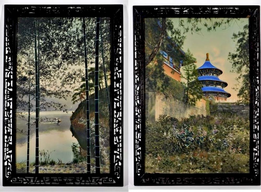 Appraisal: Pair C Japanese Landscape Enhanced Photographs Japan th Century Includes