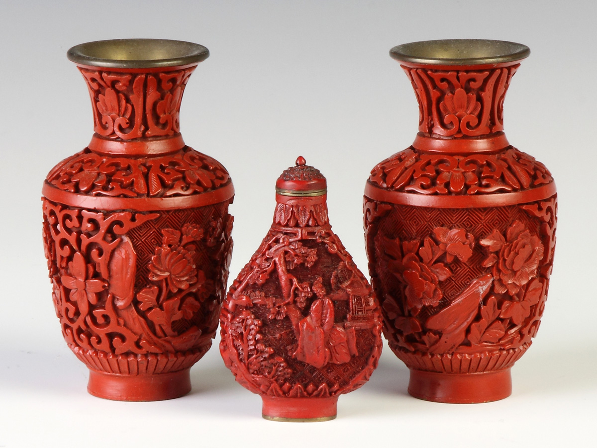 Appraisal: Cinnabar Vases Snuff Bottle th cent Sgn