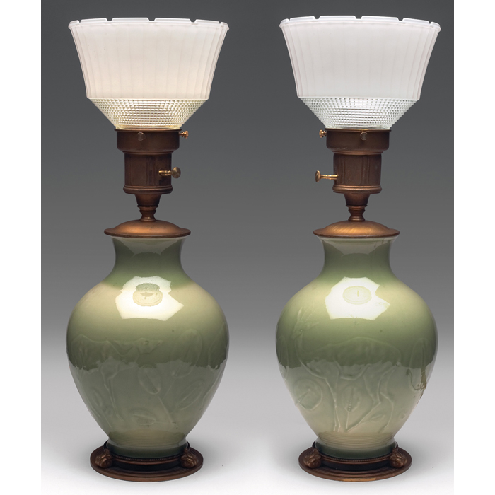 Appraisal: Rookwood lamps pair raised designsof antelope and foliage shapenumber is