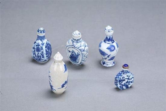 Appraisal: FIVE SNUFF BOTTLES China th century porcelain Hand decorations in