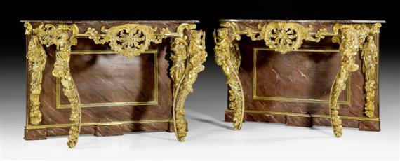 Appraisal: PAIR OF CONSOLES AUX ENFANTS MUSICIENS Louis XV probably Rome