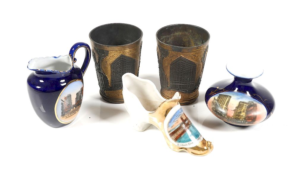 Appraisal: JACKSONVILLE Souvenir Items Three porcelain pieces and two molded metal