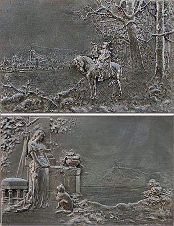 Appraisal: PAIR OF EMBOSSED METAL SCENIC PLAQUES ENCASED IN FINE VARIEGATED