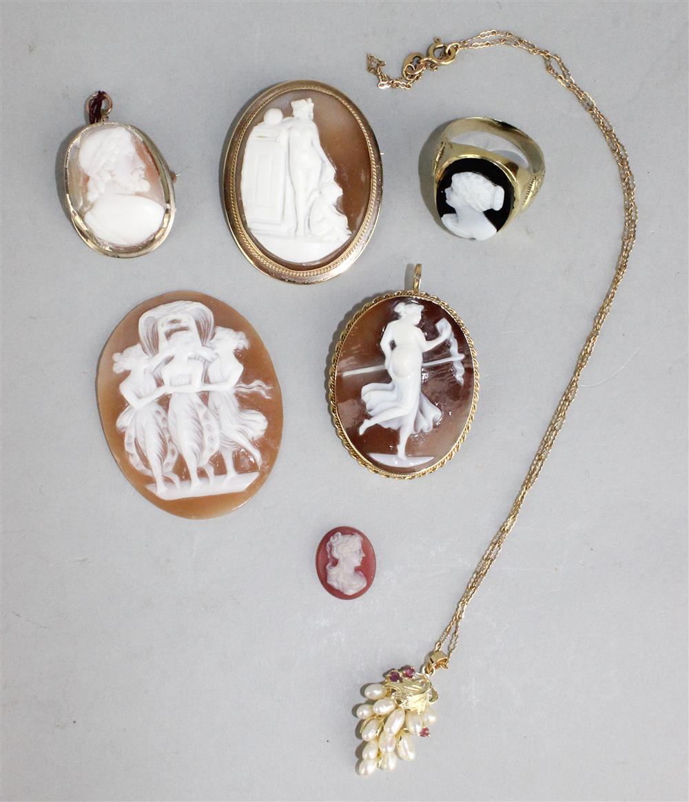 Appraisal: GROUP OF SIX CAMEO JEWELRY PIECES AND PEARL NECKLACE includes