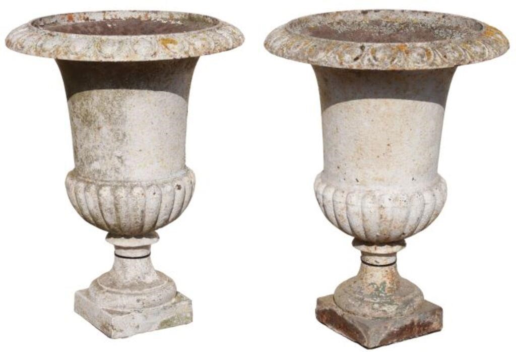 Appraisal: pair French cast iron garden urns having flared and gadrooned