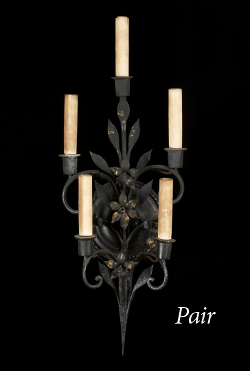 Appraisal: Group of Three Cut- and Wrought-Iron Tiered Five-Light Appliques first