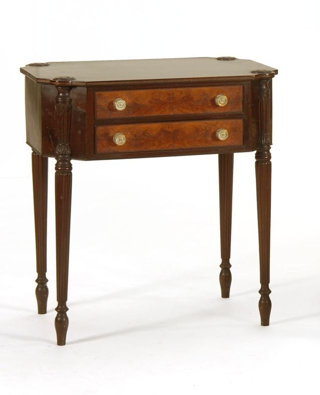 Appraisal: SHERATON-STYLE TWO-DRAWER SEWING TABLE American Early th CenturyIn mahogany with