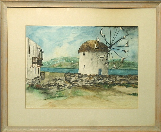 Appraisal: - Framed and matted watercolor painting titled Mykonos Windmill Aegean