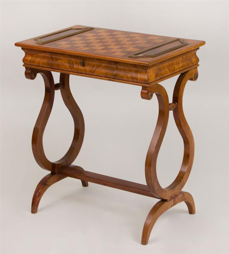 Appraisal: Regency Style Inlaid Fruitwood Games Table x x in Estimate