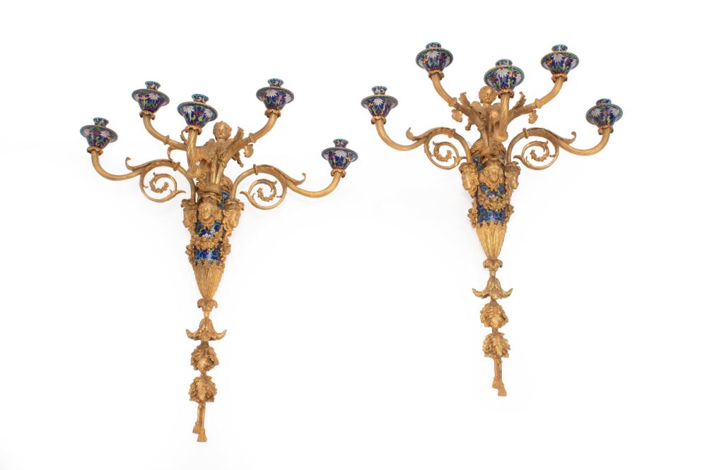 Appraisal: Pair of Regence-Style Champleve and Gilt Bronze Five-Light Sconces cast