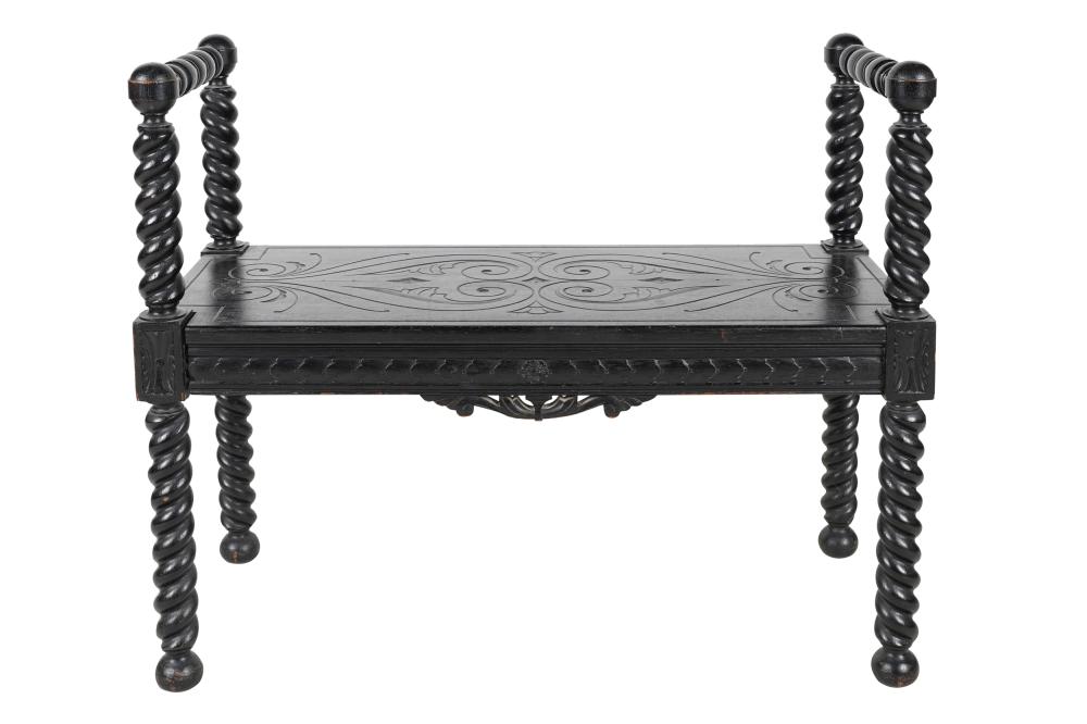 Appraisal: CARVED TURNED EBONIZED OAK BENCHthe top with incised design inches