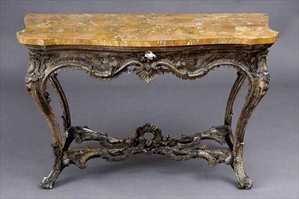 Appraisal: ITALIAN ROCOCO CARVED AND SILVERED WOOD CONSOLE TABLE WITH MARBLE