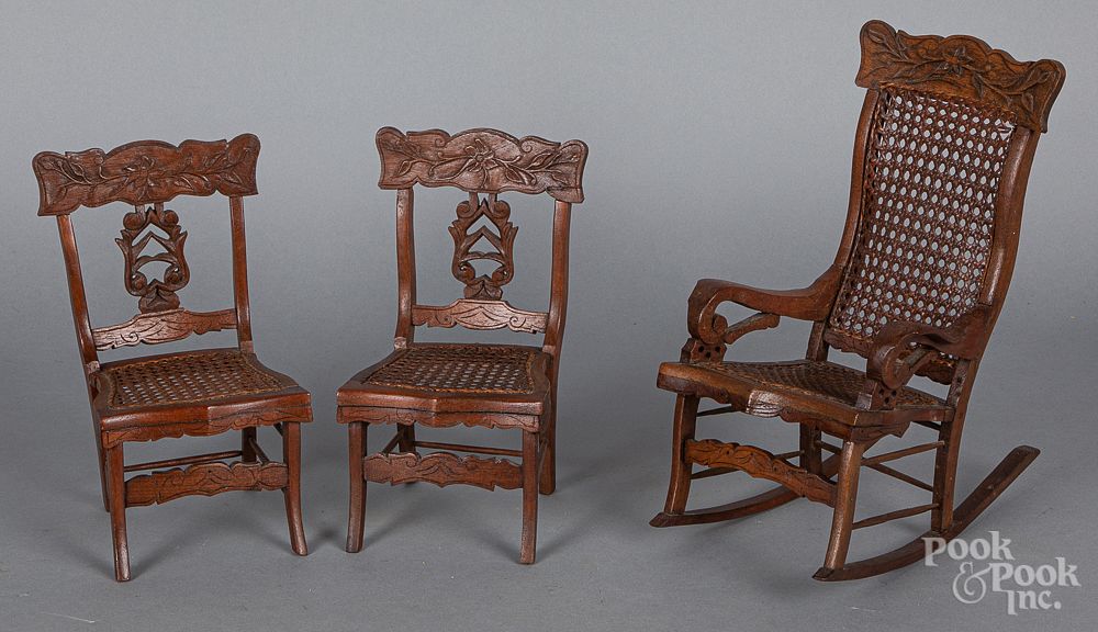 Appraisal: Set of three carved oak doll chairs ca Set of