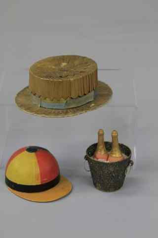 Appraisal: TWO DRESDEN HAT CANDY CONTAINERS AND ICE BUCKET Lot includes